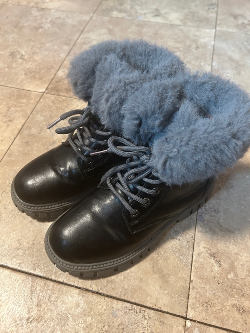 Black Leather Lace-Up Boots with Gray Faux Fur Cuff